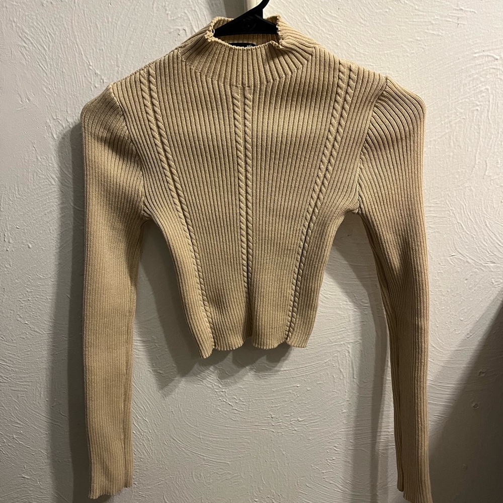 SHEIN Tan Cowl Neck Ribbed Sweater